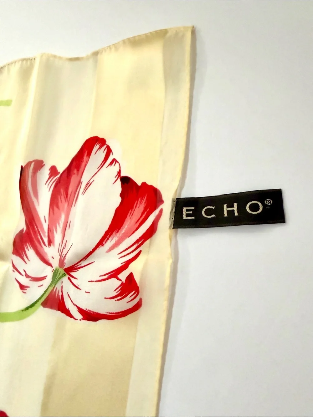 Vintage ECHO Cream Floral Oblong Silk Scarf Red White Tulip Classic Lightweight